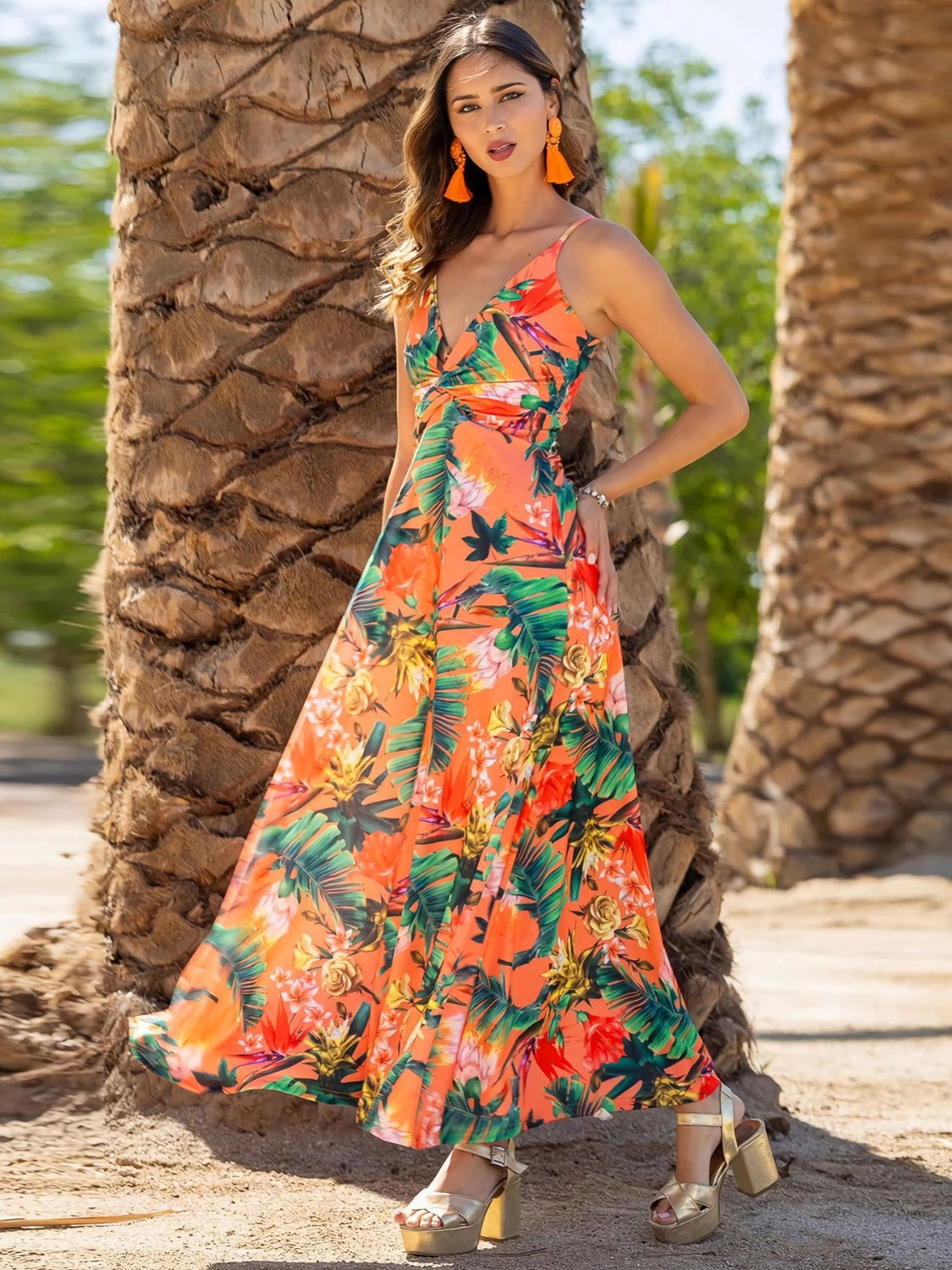 Twisted Printed V-Neck Cami Dress - Scarlett's Riverside Boutique