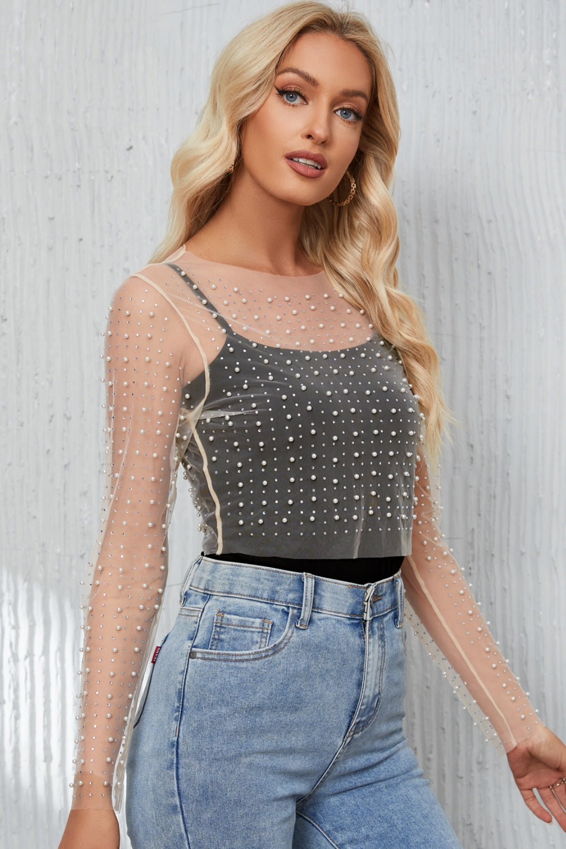Pearl Long Sleeve Mesh Cropped Top - Scarlett's Riverside Boutique