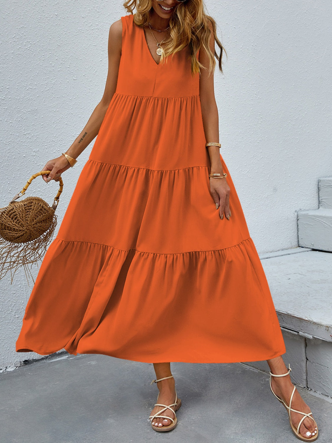 Tiered V-Neck Sleeve Dress - Scarlett's Riverside Boutique