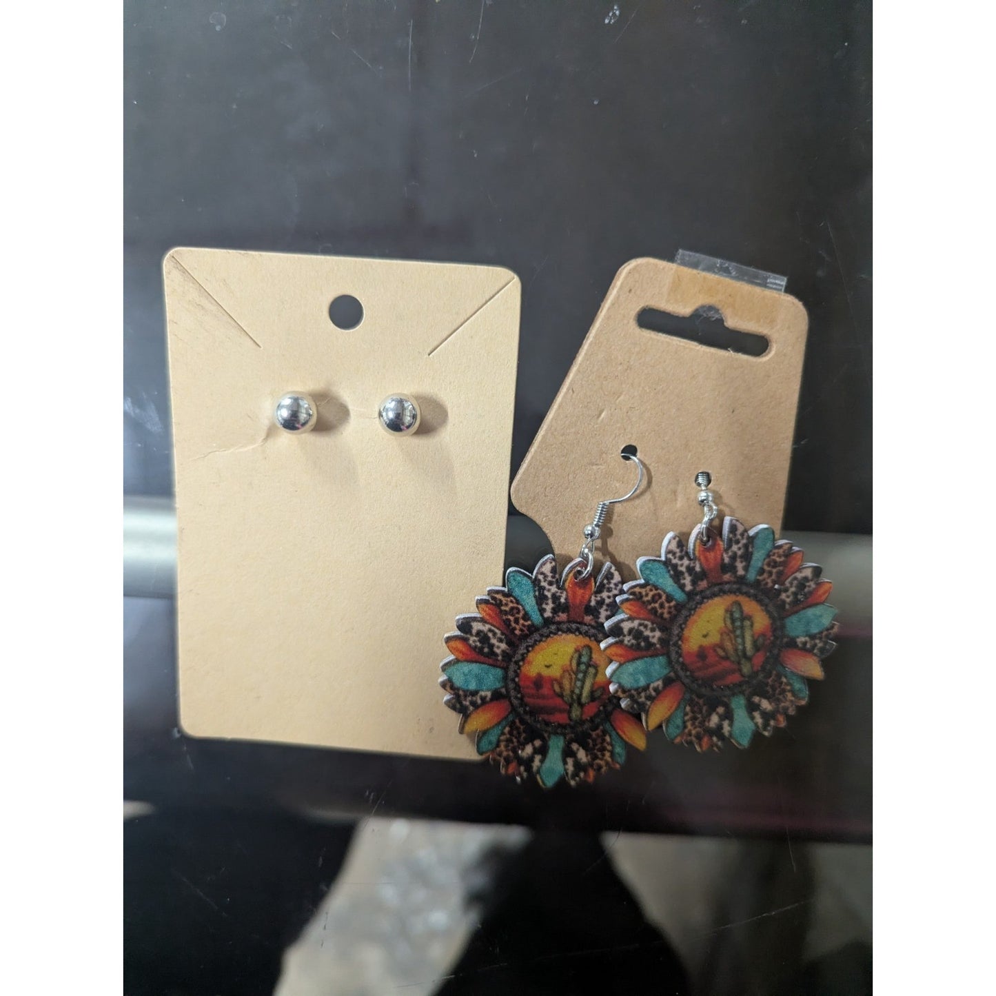 Sunflower Cactus Earrings Wooden and western style Dangle Drop With Studs