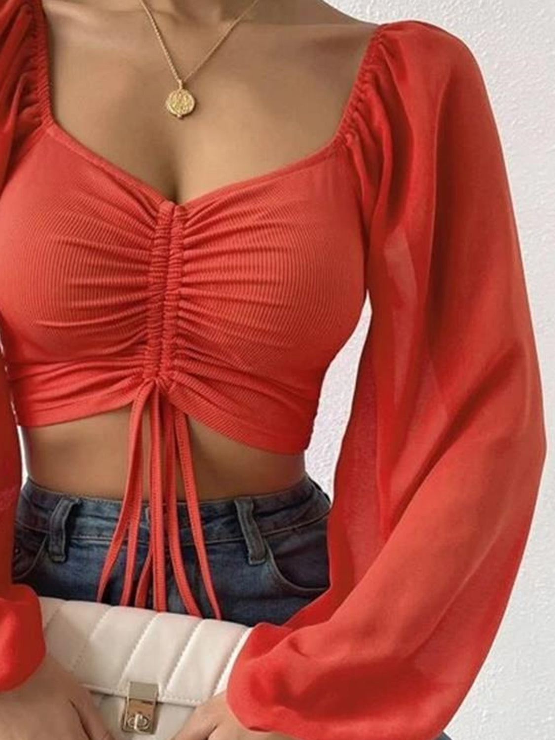 Drawstring Sweetheart Neck Cropped Top - Scarlett's Riverside Boutique