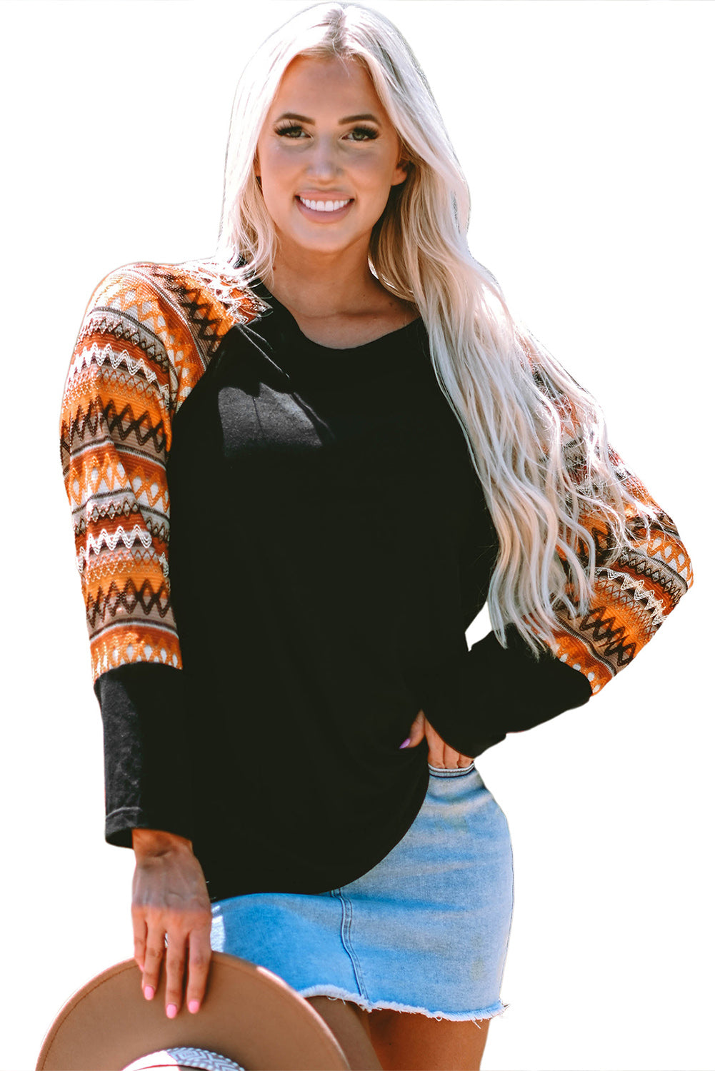 Orange Geo Print Raglan Patchwork Long Sleeve Tee - Scarlett's Riverside Boutique