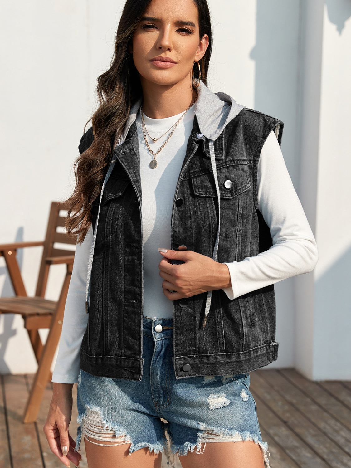 Pocketed Button Up Hooded Denim Jacket - Scarlett's Riverside Boutique