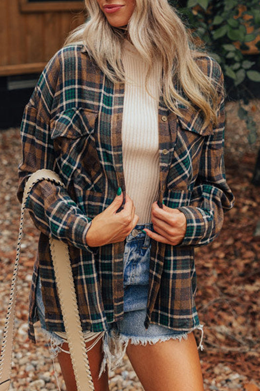 Brown Plaid Print Chest Pockets Buttoned Shirt Jacket - Scarlett's Riverside Boutique