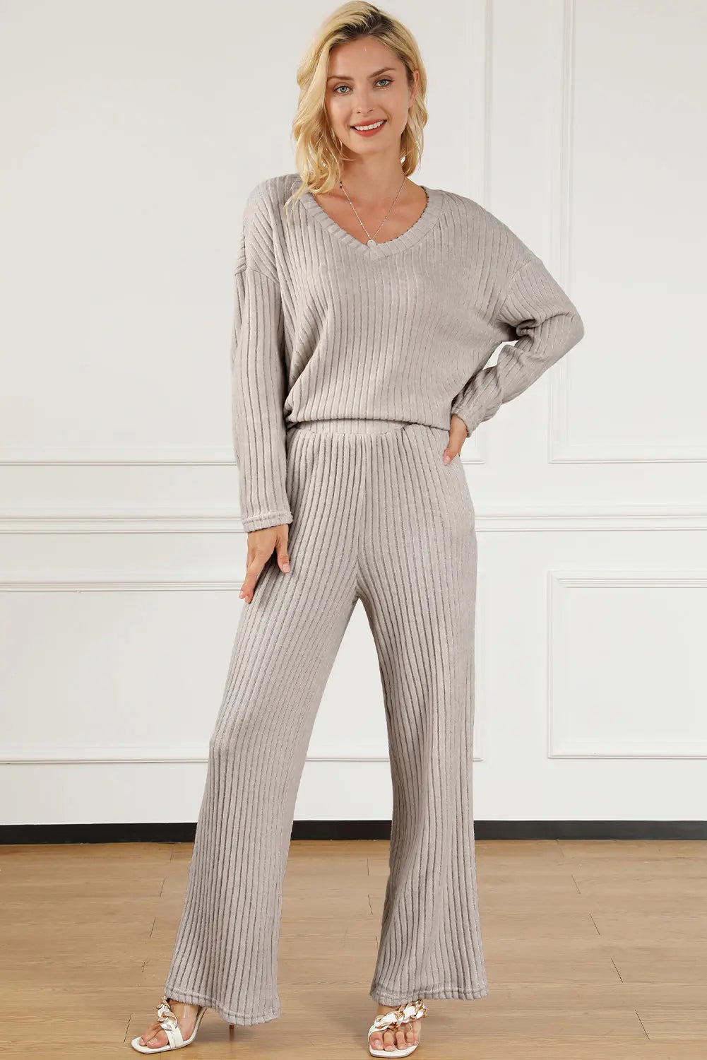 Khaki Ribbed Knit V Neck Slouchy Two-piece Outfit - Scarlett's Riverside Boutique