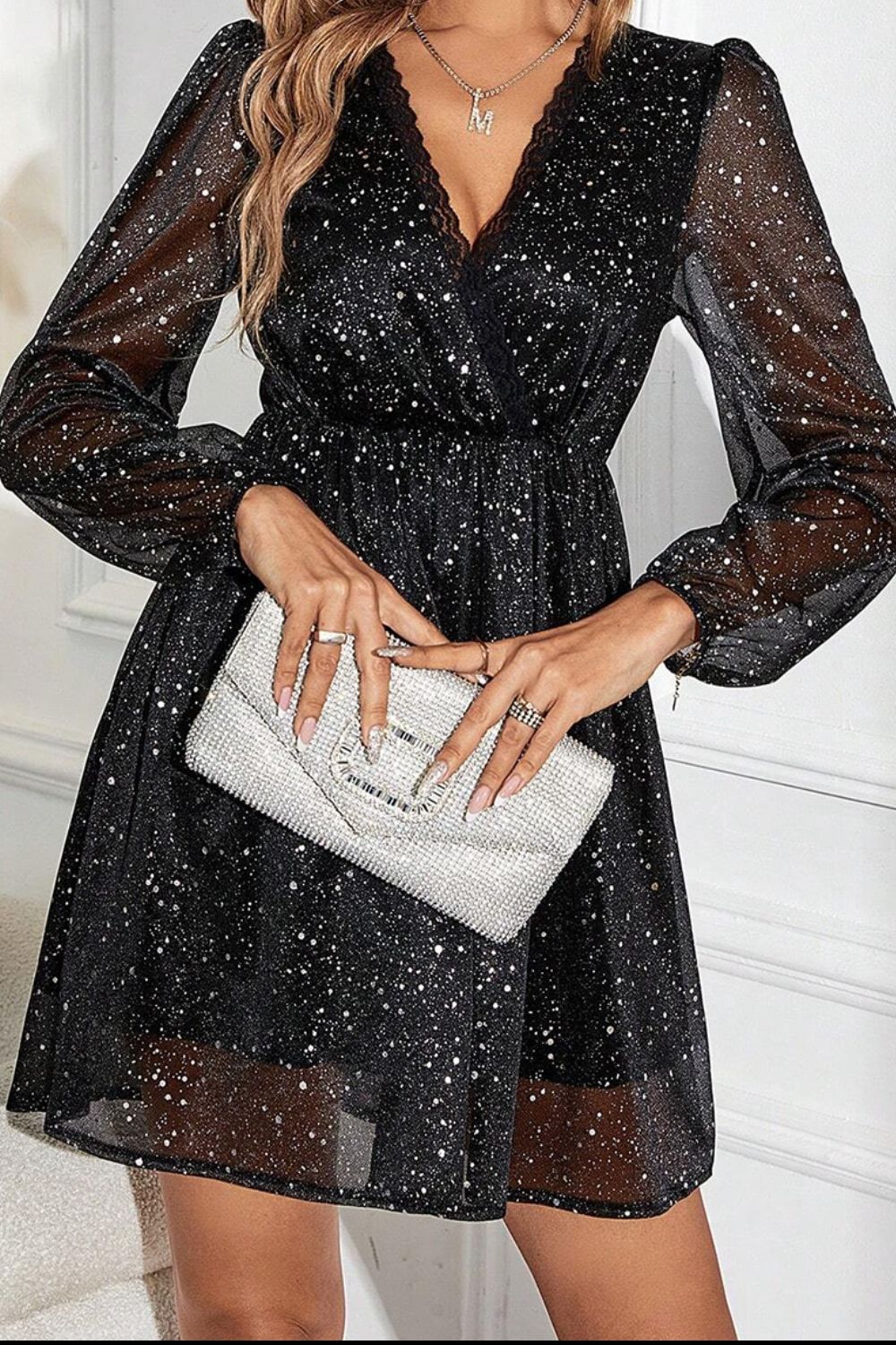 Glitter Surplice Long Sleeve Mini Dress - Scarlett's Riverside Boutique