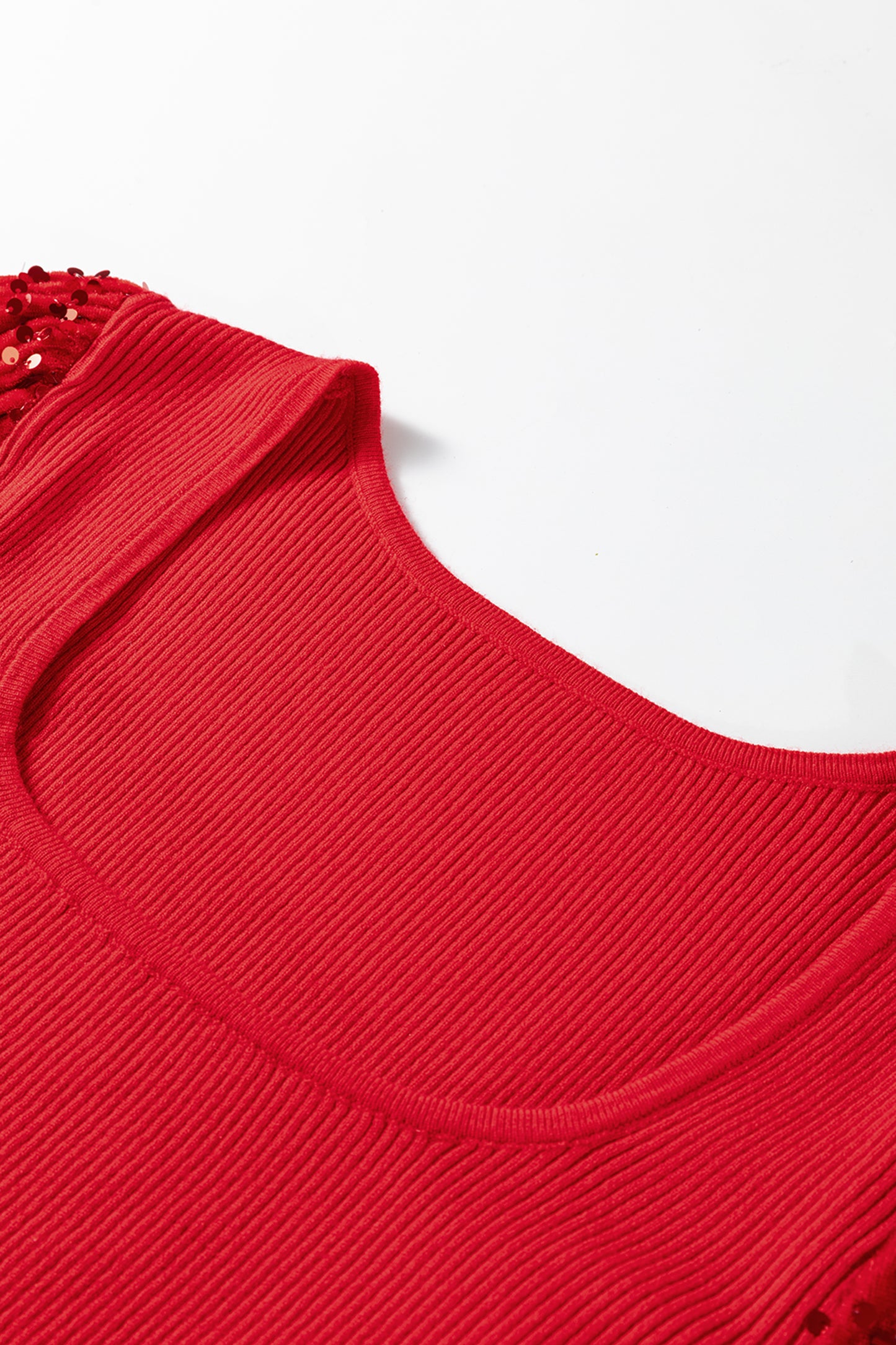 Fiery Red Sequin Sleeve Patchwork Ribbing Knit Square Neck Sweater