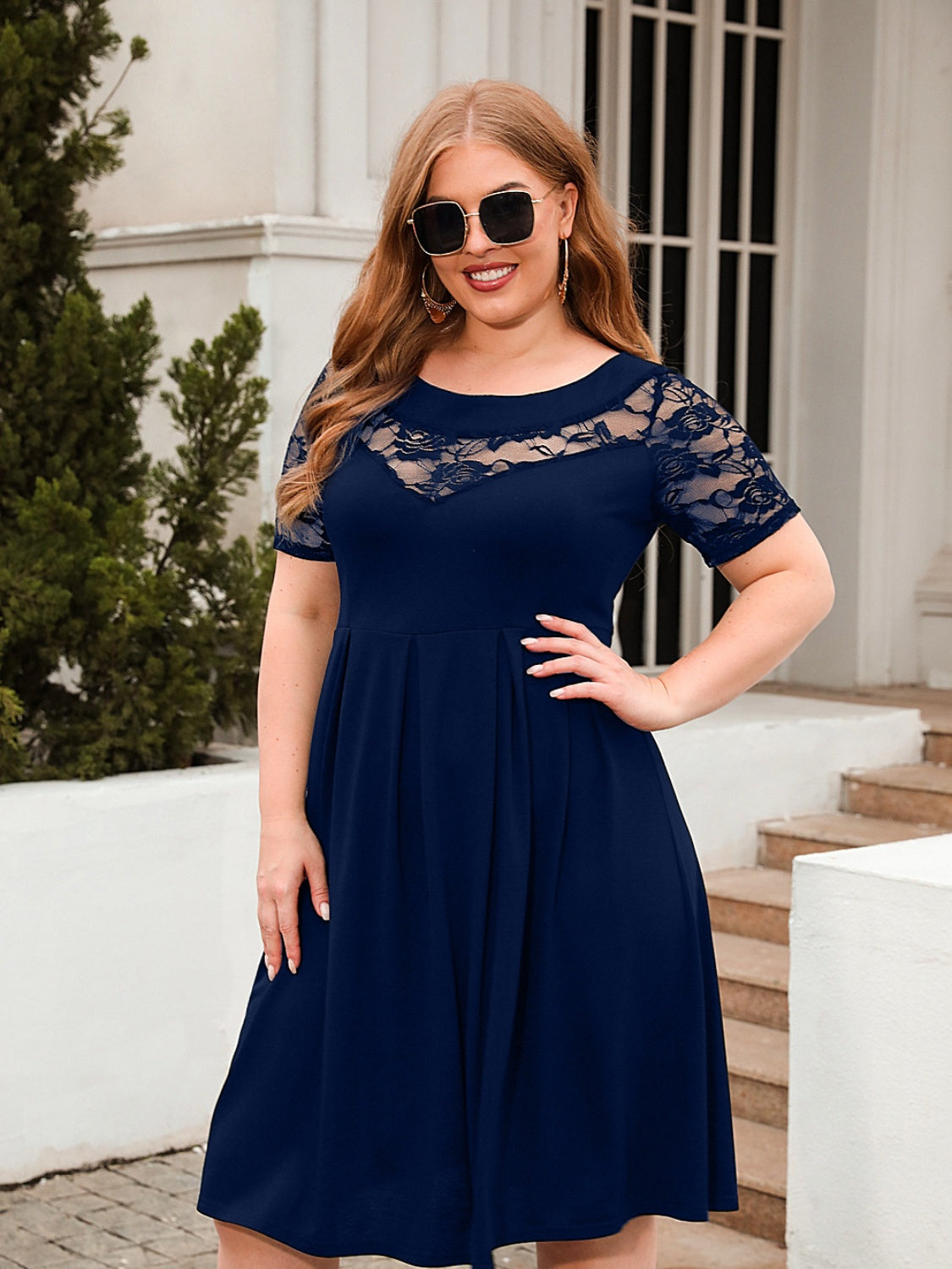 Plus Size Ruched Round Neck Short Sleeve Dress - Scarlett's Riverside Boutique