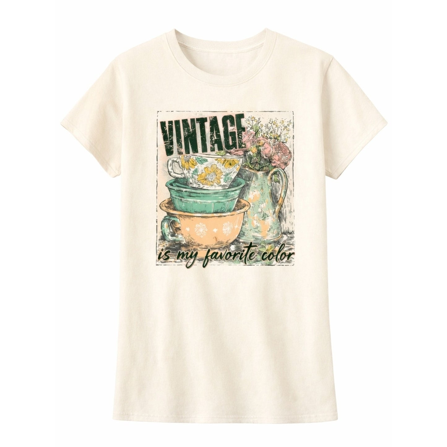 Vintage Is My Favorite Color Graphic Tee Cream Floral Teacup Cottagecore Short S