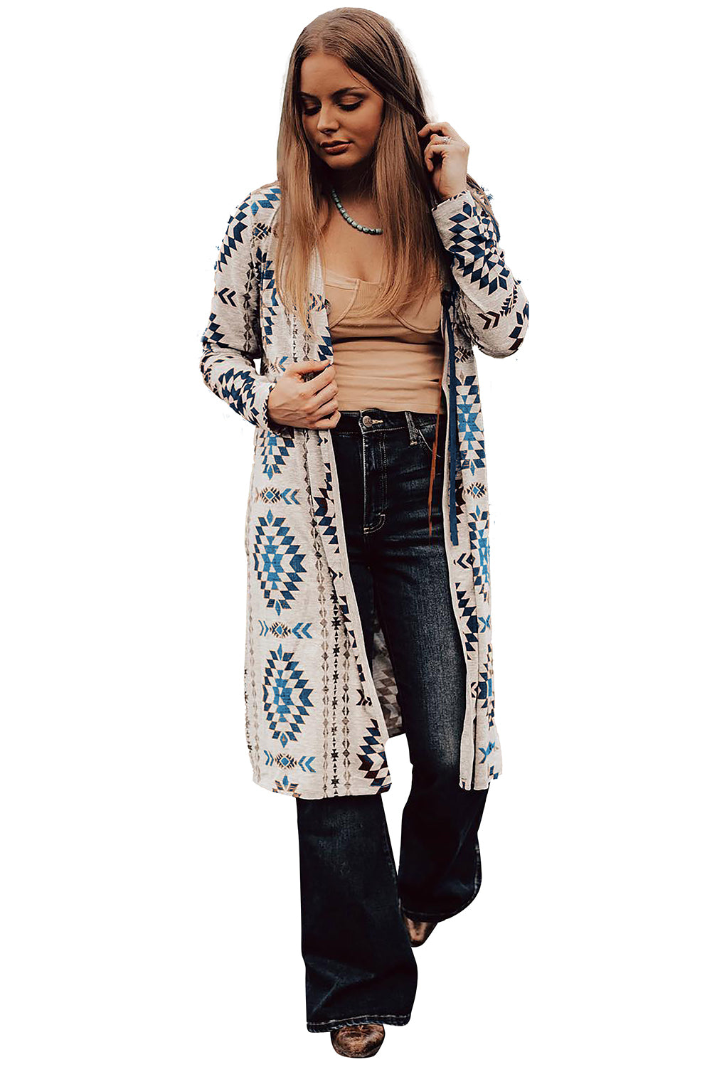 Sky Blue Western Aztec Printed Open Front Long Cardigan - Scarlett's Riverside Boutique