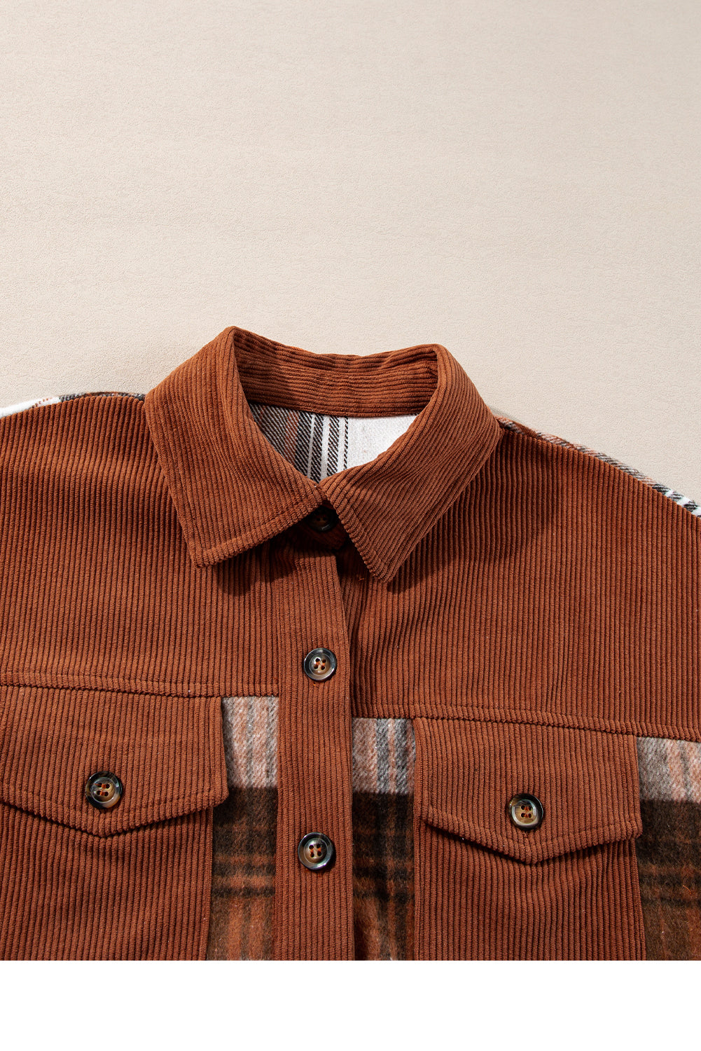 Cinnamon Plaid Corduroy Patchwork Chest Pocket Shacket - Scarlett's Riverside Boutique