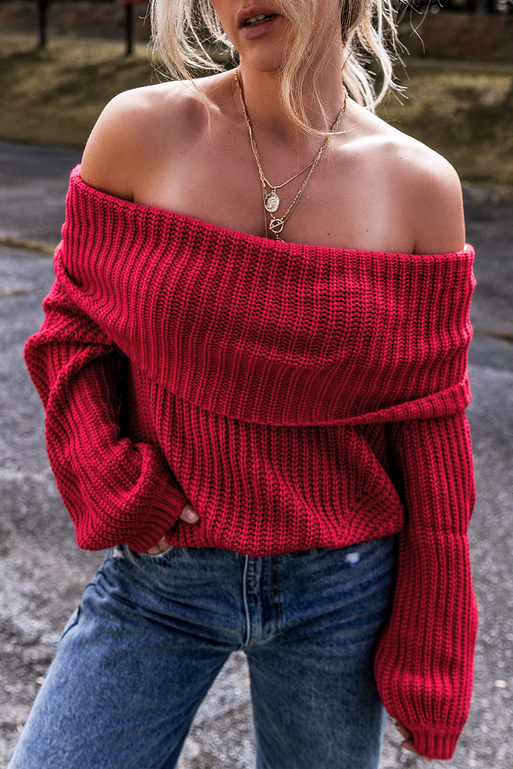 Racing Red Off-the-shoulder Knit Sweater - Scarlett's Riverside Boutique