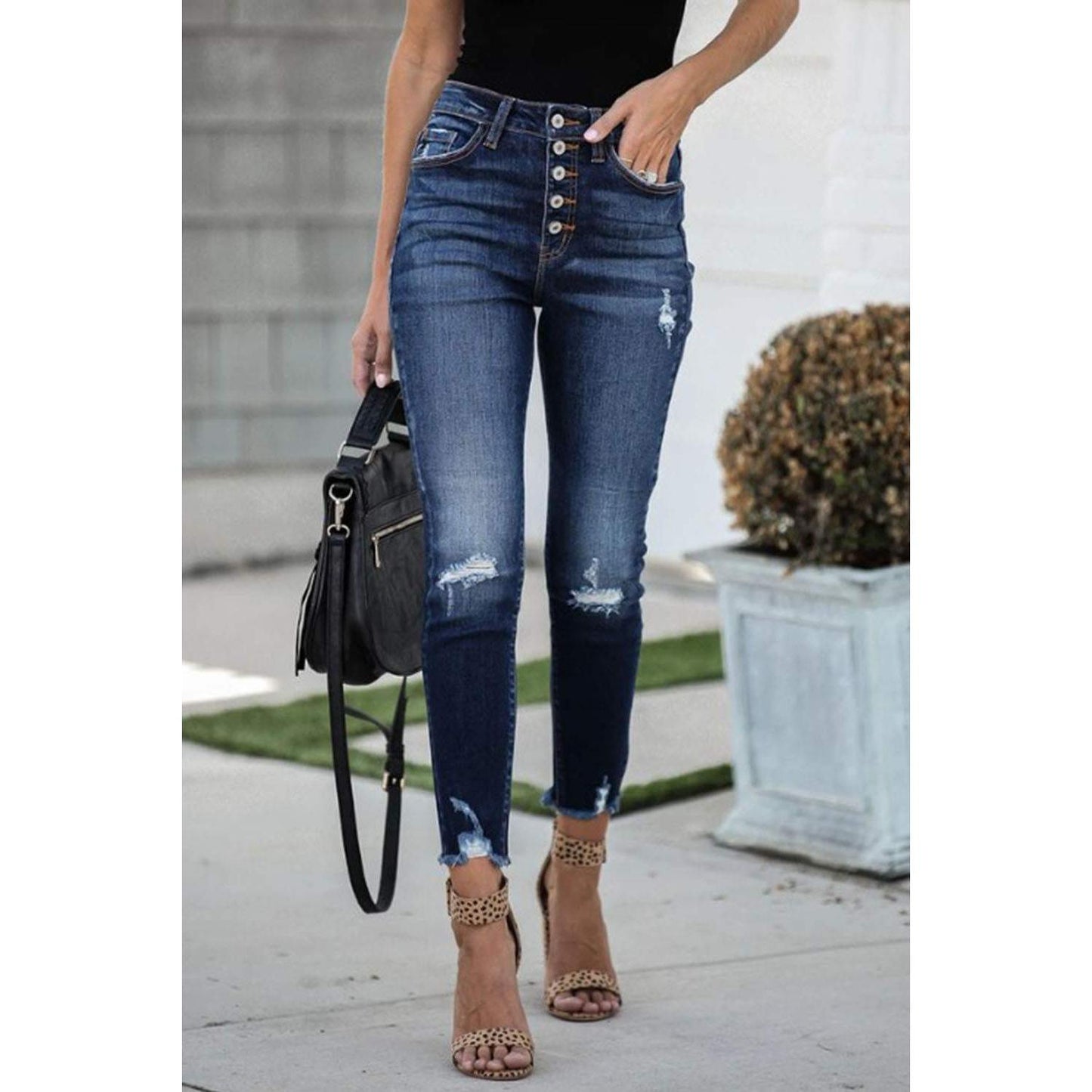 Buttoned Distressed Skinny Jeans
