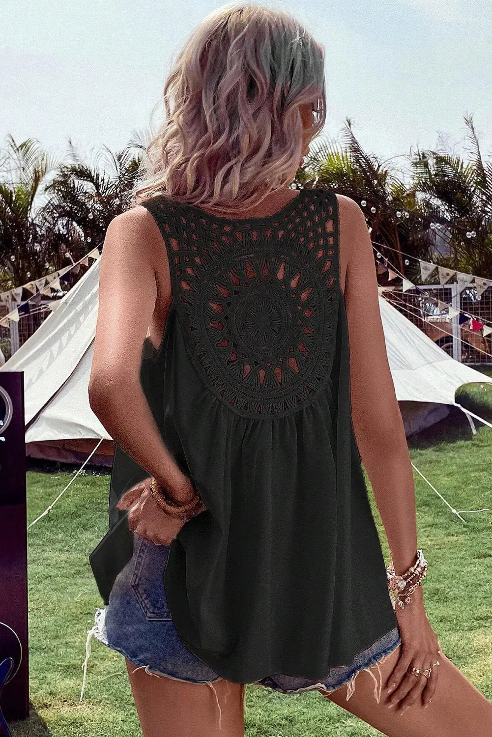 Black Bohemian Crochet Patchwork Sleeveless Tunic - Scarlett's Riverside Boutique