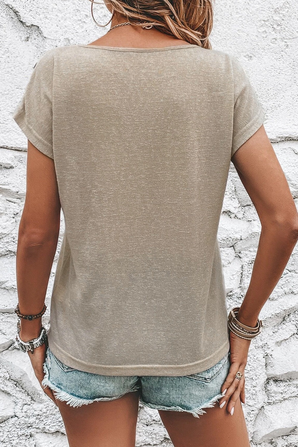 Decorative Button Round Neck Short Sleeve Blouse - Scarlett's Riverside Boutique
