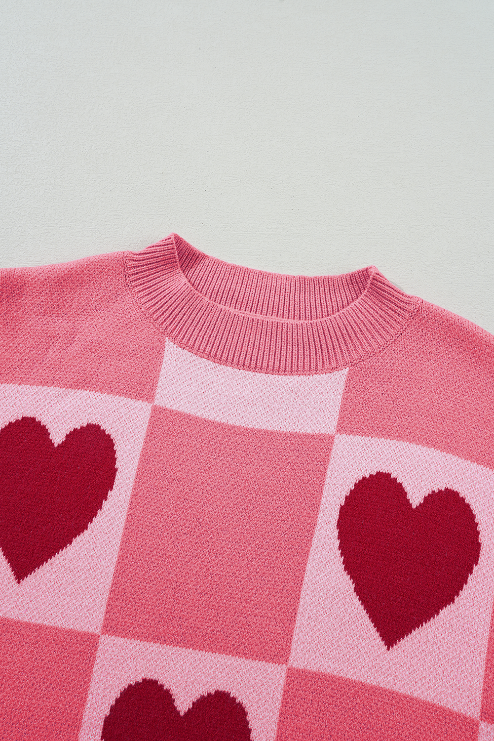 Pink Plus Size Love Heart Block Mock Neck Lantern Sleeve Valentine's Sweater