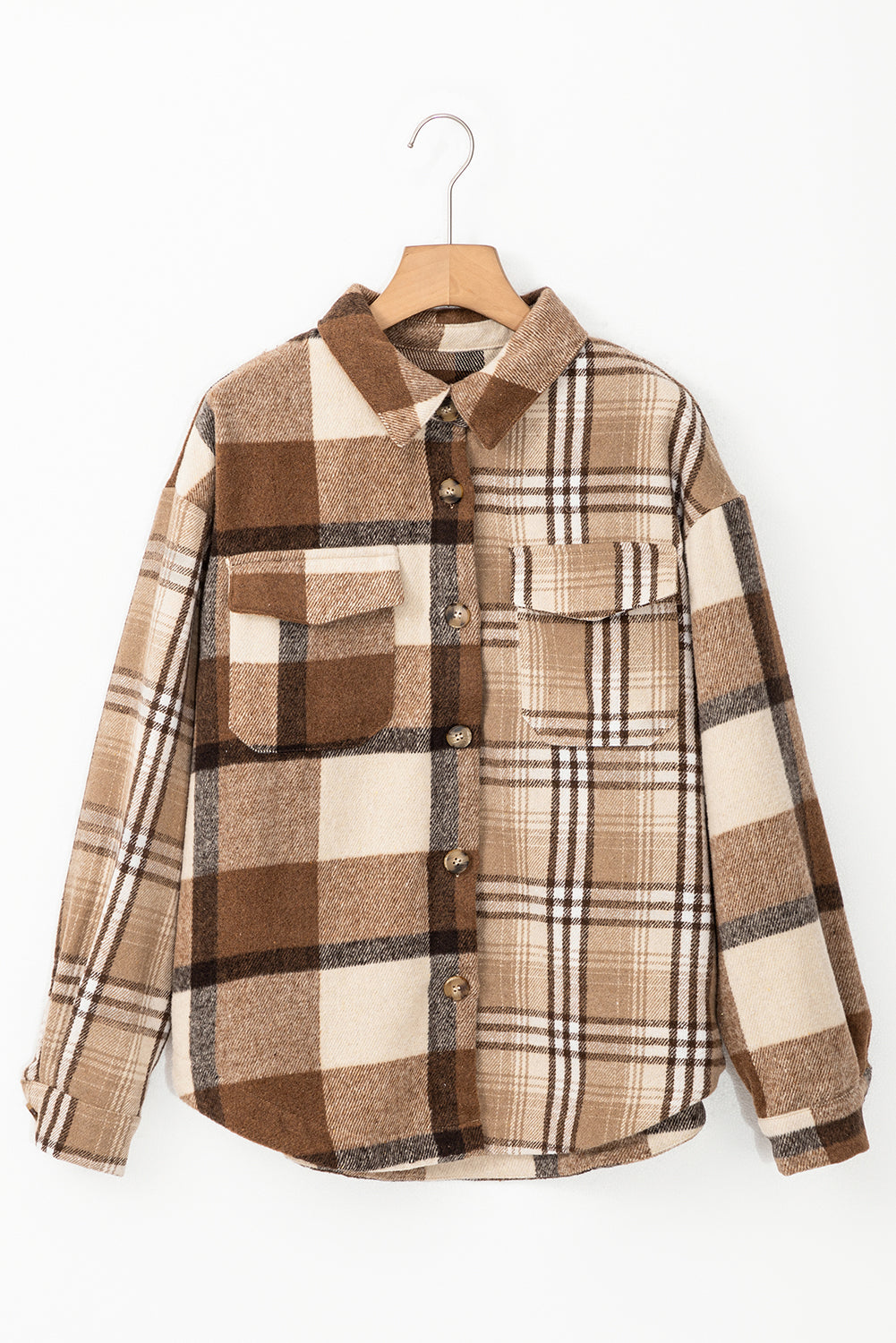 Light French Beige Flannel Plaid Double Flap Pocket Shacket - Scarlett's Riverside Boutique