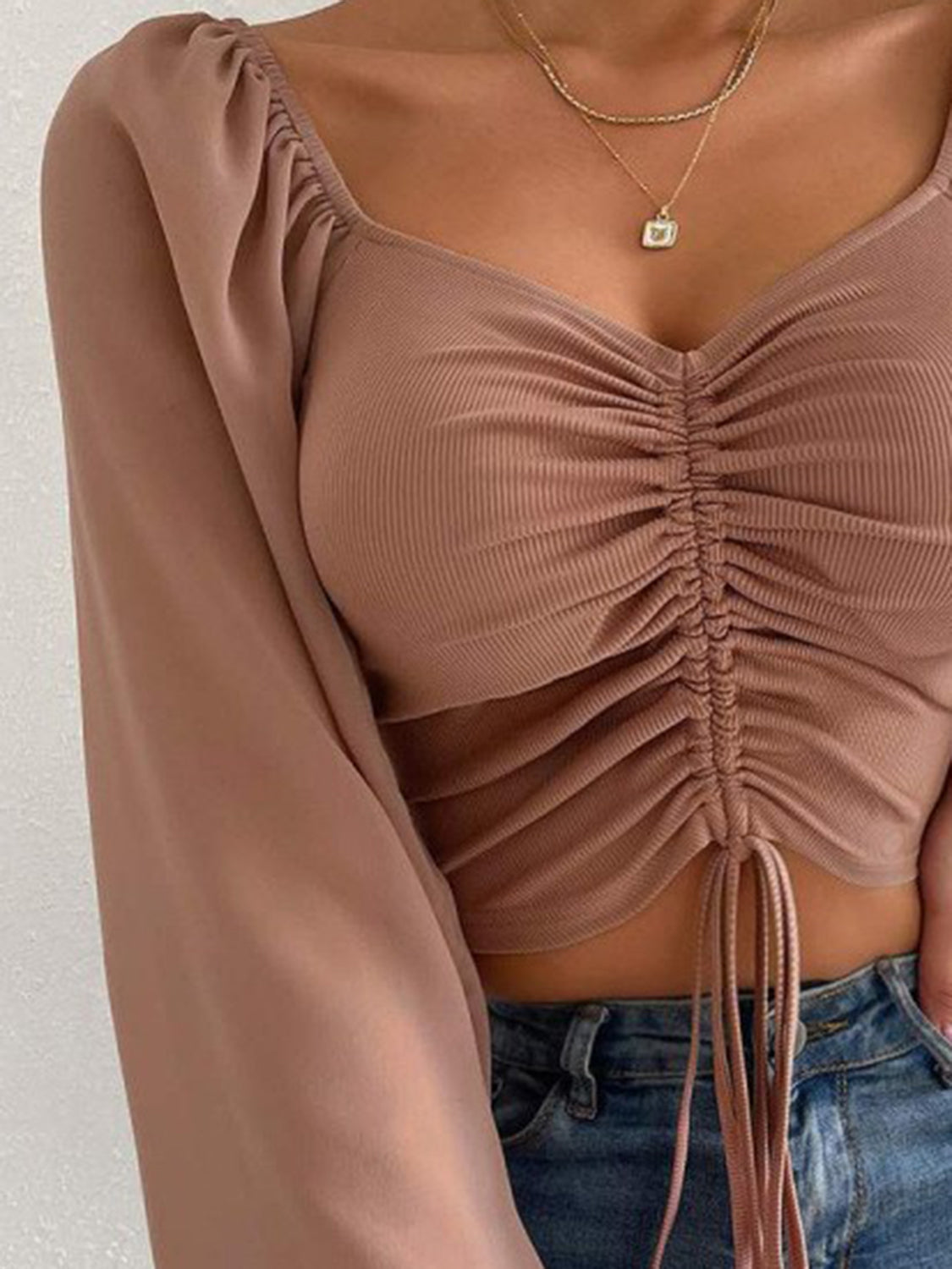 Drawstring Sweetheart Neck Cropped Top - Scarlett's Riverside Boutique