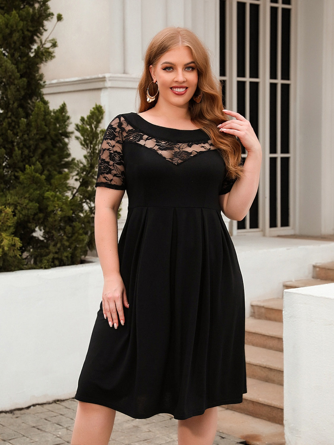 Plus Size Ruched Round Neck Short Sleeve Dress - Scarlett's Riverside Boutique