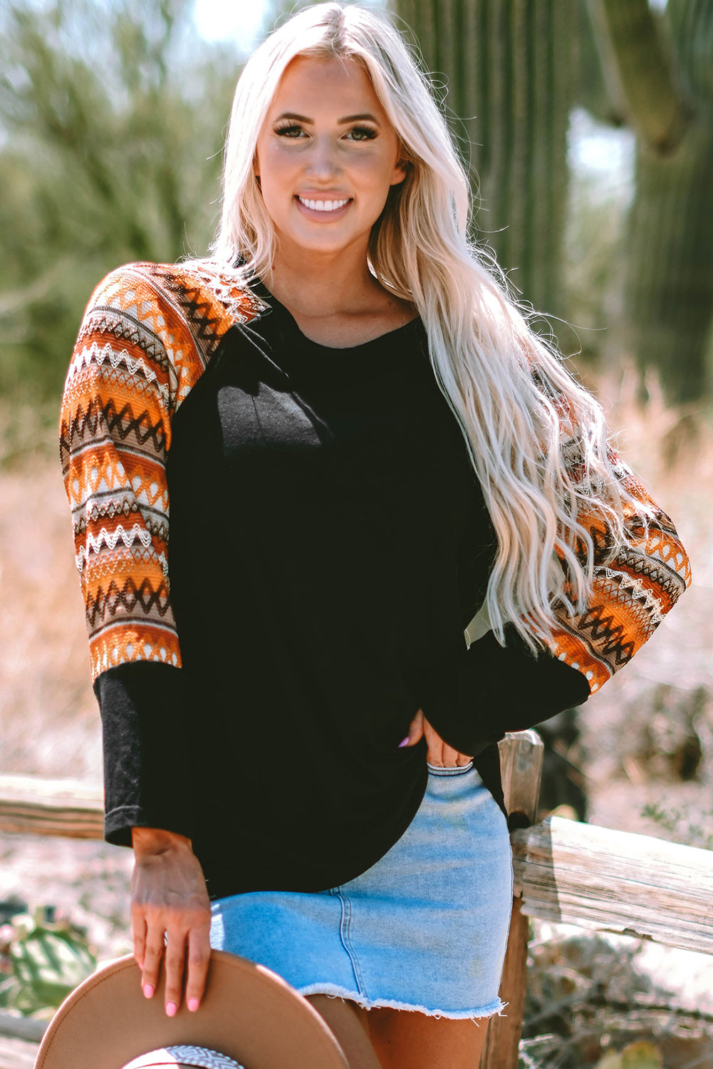 Orange Geo Print Raglan Patchwork Long Sleeve Tee - Scarlett's Riverside Boutique