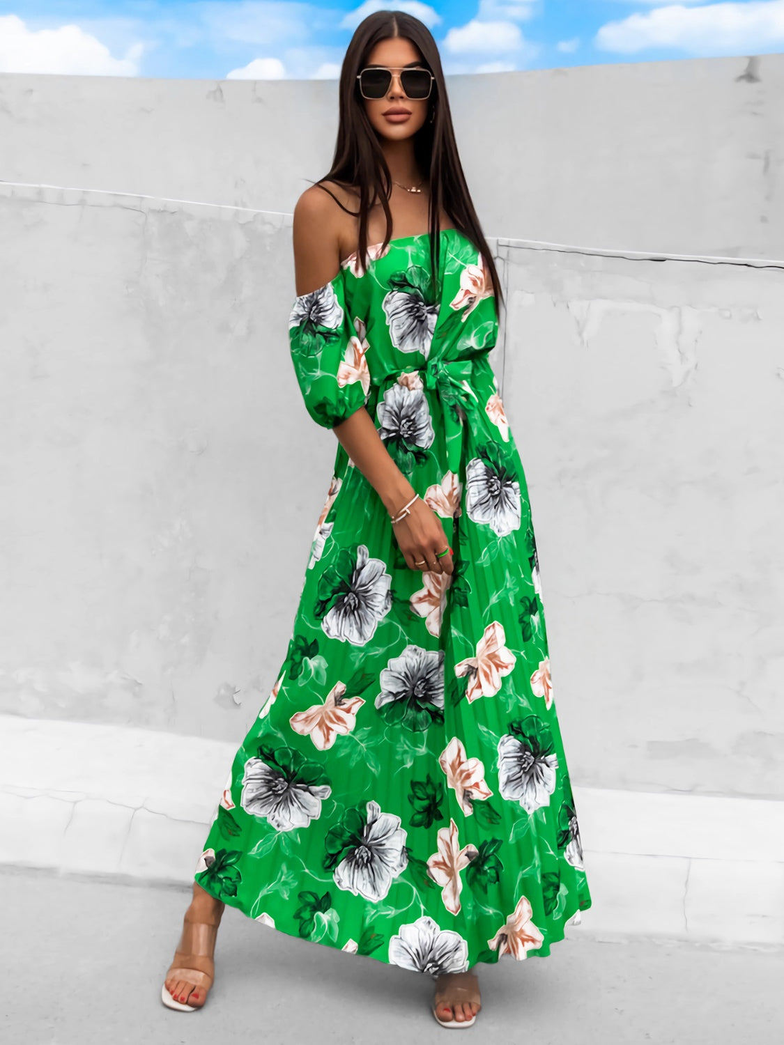 Pleated Floral Off-Shoulder Short Sleeve Midi Dress - Scarlett's Riverside Boutique