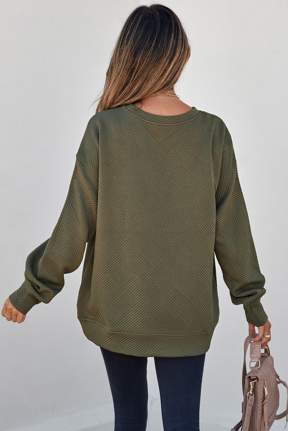 Black Solid Color Textured Round Neck Drop Shoulder Pullover Sweatshirt