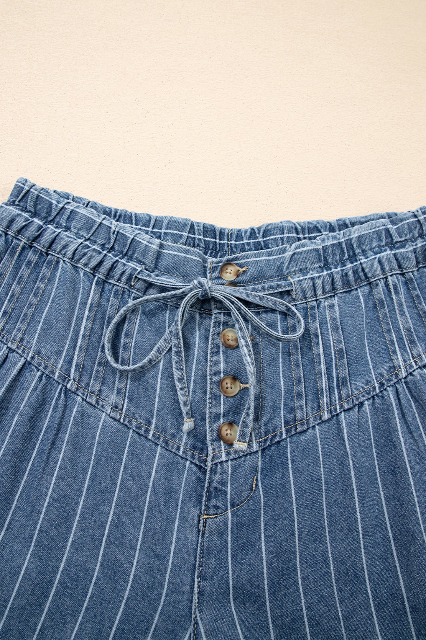 Blue Stripe Pleated Drawstring Casual Wide Leg Jeans. Boho pants