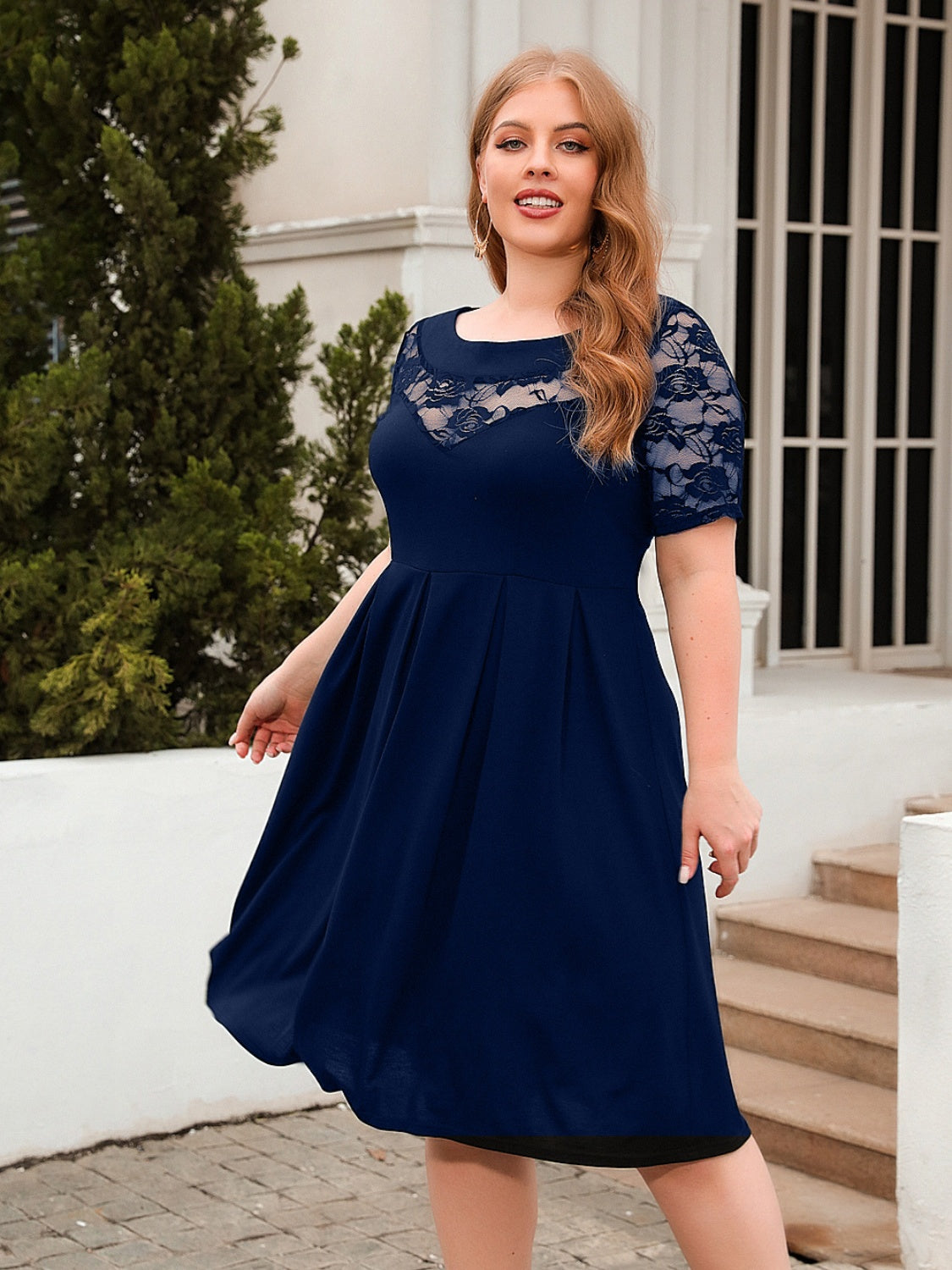 Plus Size Ruched Round Neck Short Sleeve Dress - Scarlett's Riverside Boutique