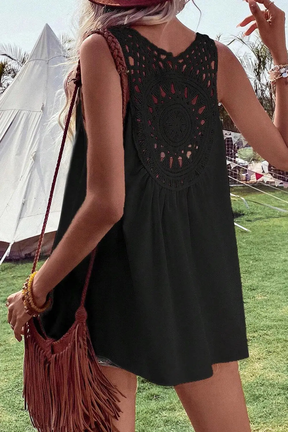 Black Bohemian Crochet Patchwork Sleeveless Tunic - Scarlett's Riverside Boutique