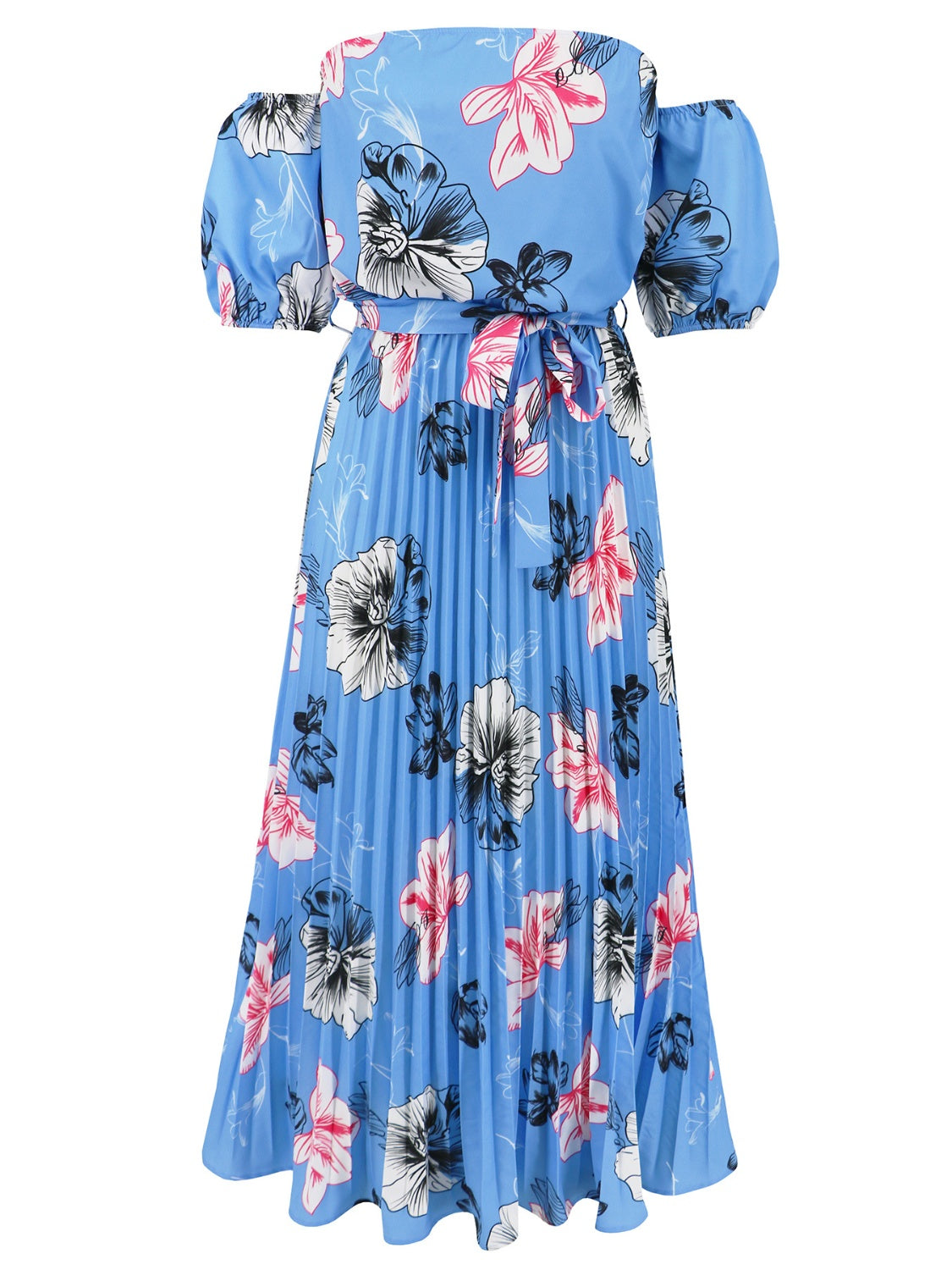 Pleated Floral Off-Shoulder Short Sleeve Midi Dress - Scarlett's Riverside Boutique