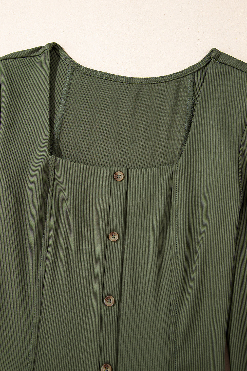 Green Rib Knit Square Neck Buttoned Long Sleeve Mini Dress