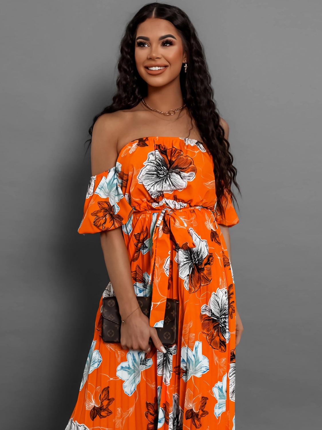 Pleated Floral Off-Shoulder Short Sleeve Midi Dress - Scarlett's Riverside Boutique