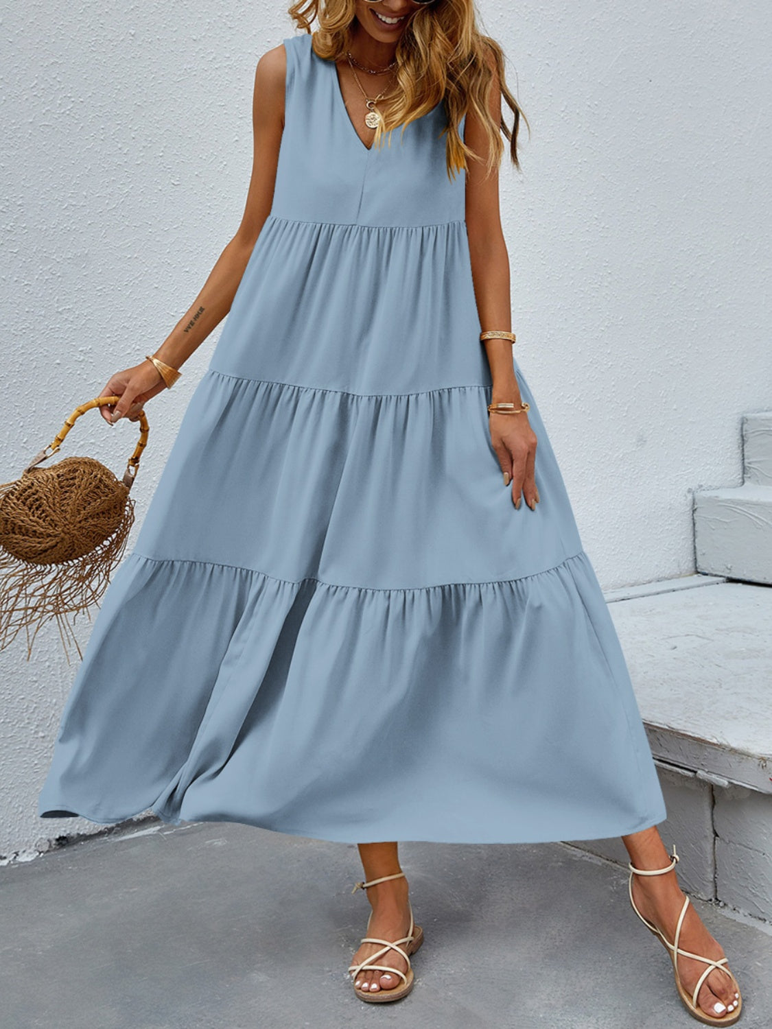 Tiered V-Neck Sleeve Dress - Scarlett's Riverside Boutique