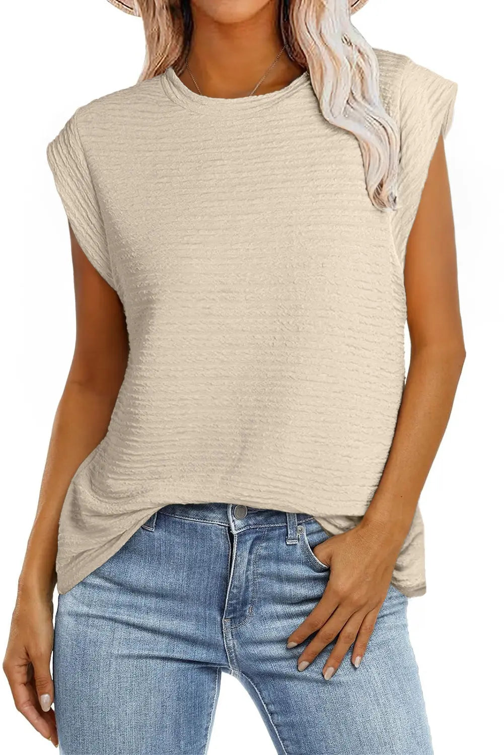 Beige Solid Textured Batwing Sleeve Crew Neck T Shirt - Scarlett's Riverside Boutique