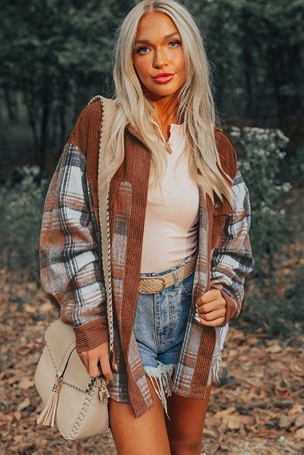 Cinnamon Plaid Corduroy Patchwork Chest Pocket Shacket - Scarlett's Riverside Boutique