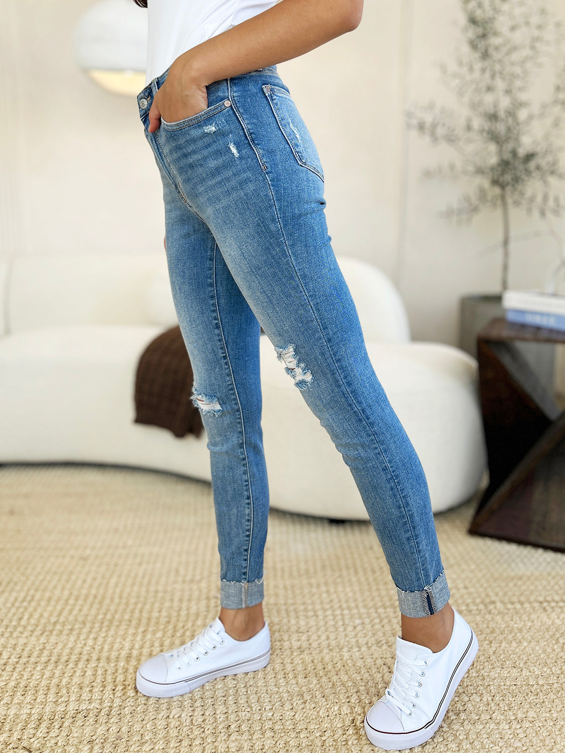 Judy Blue Full Size Mid Rise Destroy & Cuff Skinny Jeans. Inseam 29.5" and 30" - Scarlett's Riverside Boutique