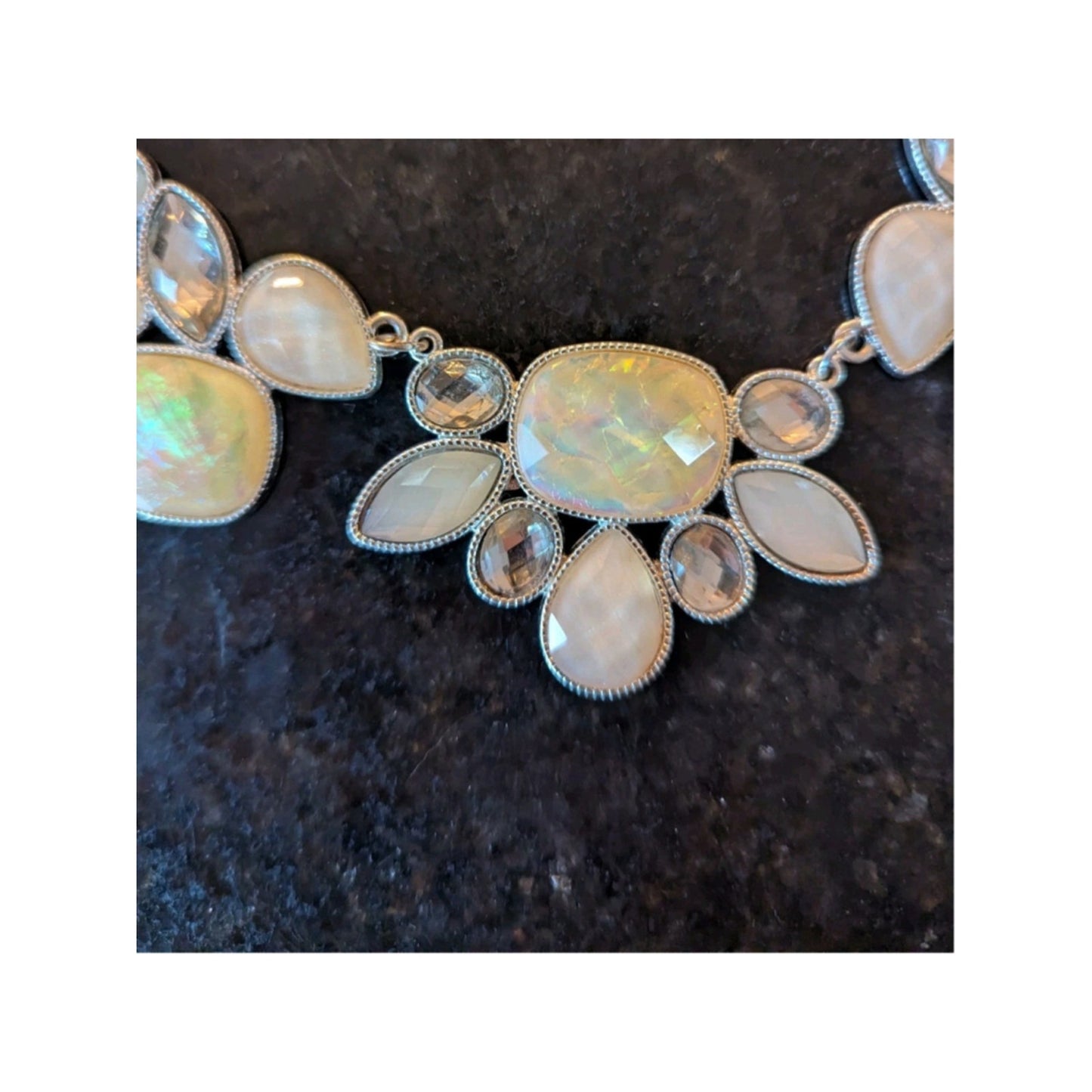 Iridescent Statement Necklace | Opal Glass & Rhinestone Bib Necklace | Chunky...