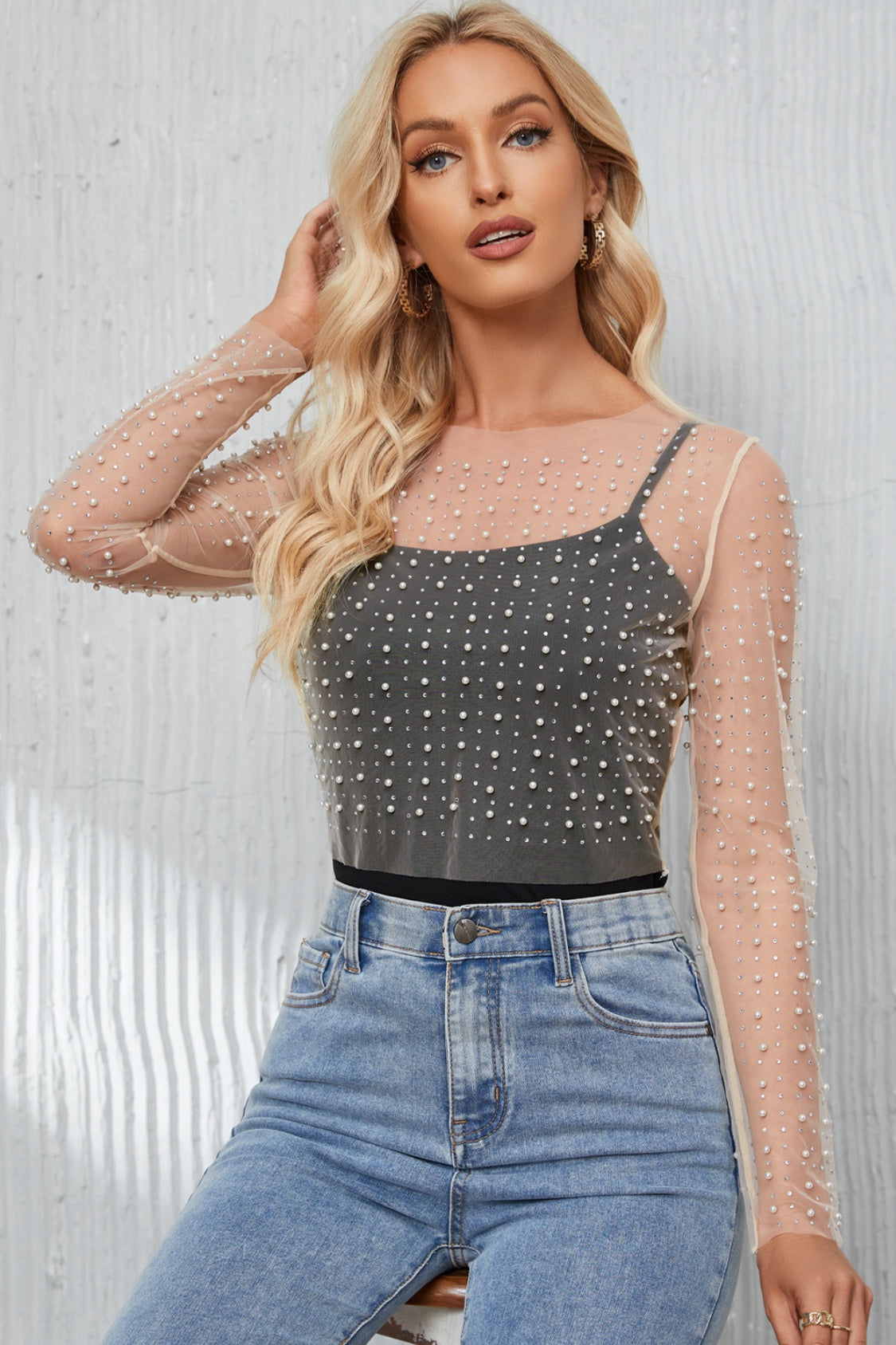 Pearl Long Sleeve Mesh Cropped Top - Scarlett's Riverside Boutique
