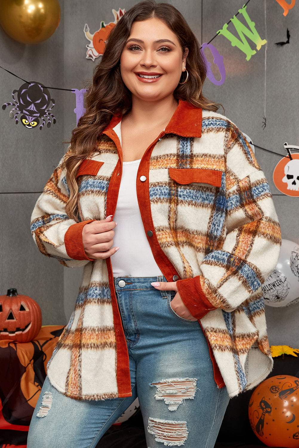 Brown Stripe Plus Size Plaid Print Collared Buttoned Jacket - Scarlett's Riverside Boutique