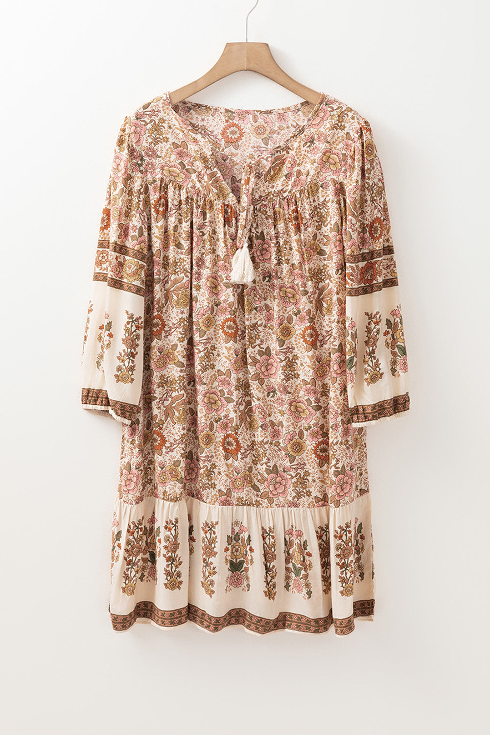 Apricot Floral Print Tassel Drawstring V Neck Loose Mini Dress - Scarlett's Riverside Boutique