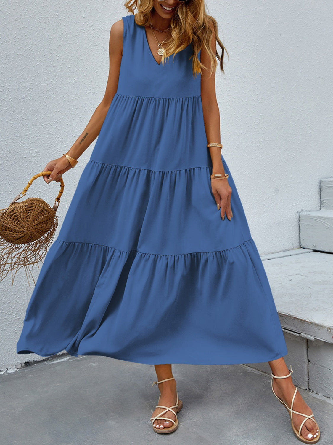 Tiered V-Neck Sleeve Dress - Scarlett's Riverside Boutique