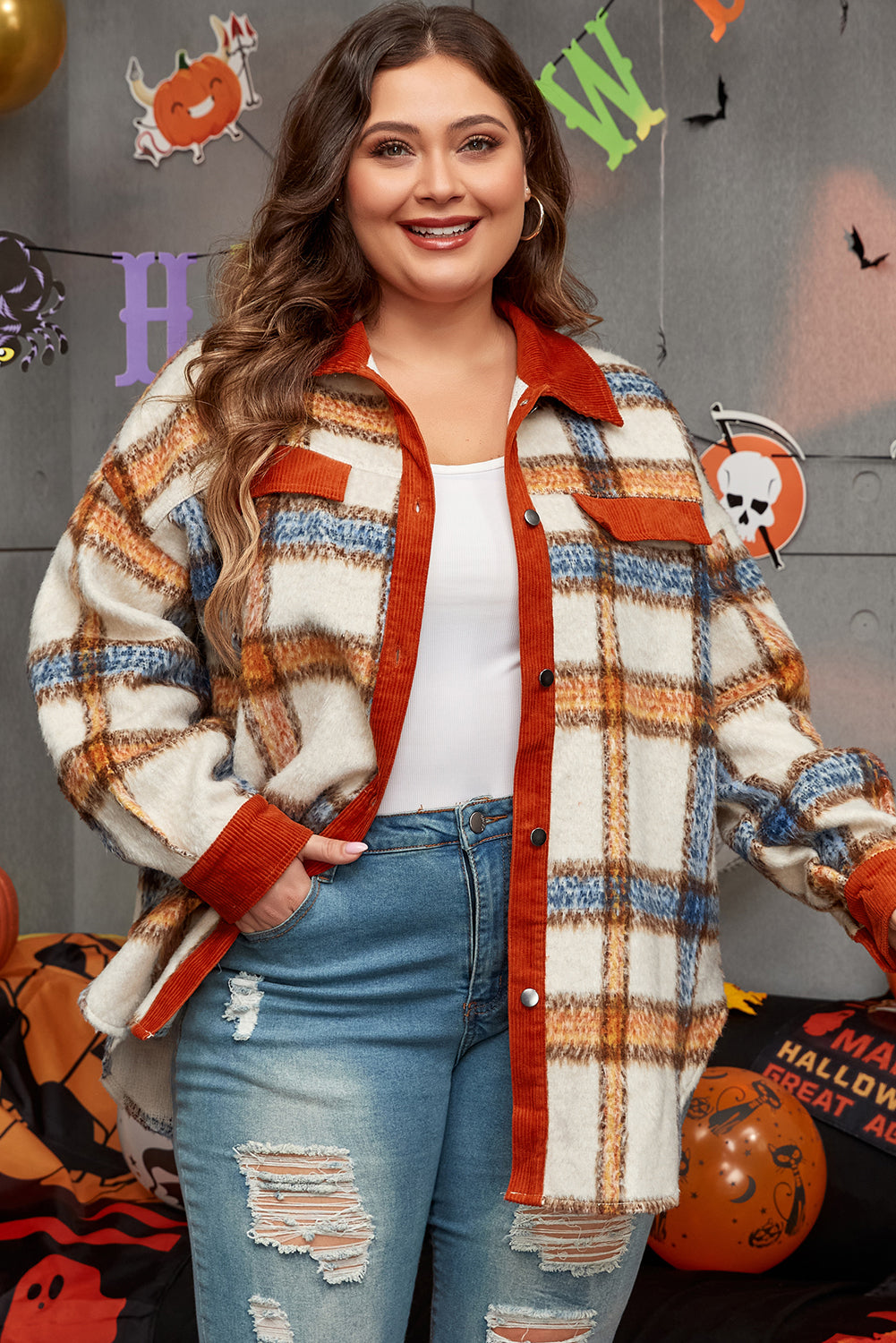 Brown Stripe Plus Size Plaid Print Collared Buttoned Jacket - Scarlett's Riverside Boutique