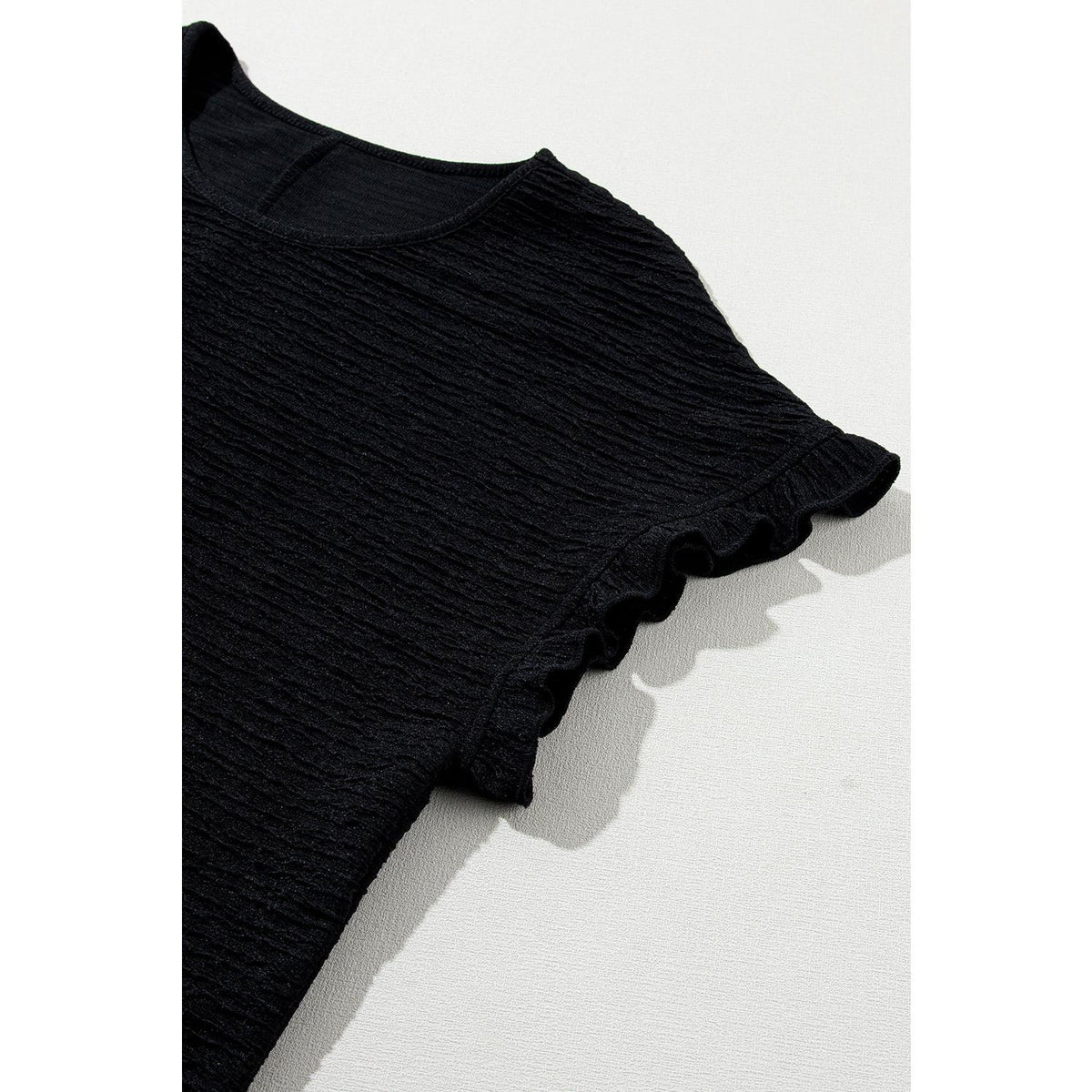 Black Solid Textured Ruffled Short Sleeve Blouse Fit Shirts Top Womenswear