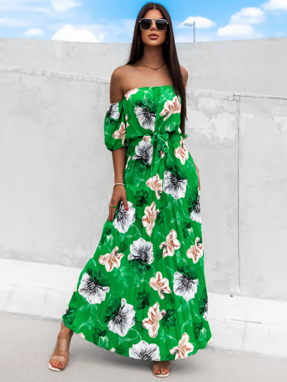 Pleated Floral Off-Shoulder Short Sleeve Midi Dress - Scarlett's Riverside Boutique