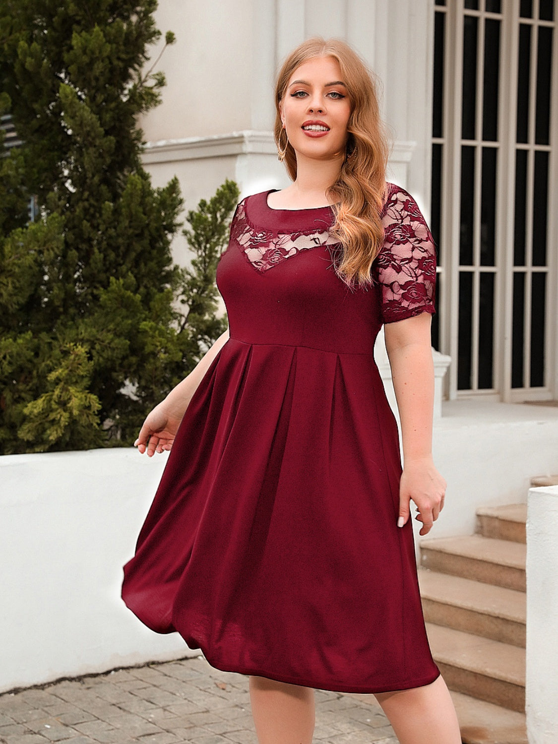 Plus Size Ruched Round Neck Short Sleeve Dress - Scarlett's Riverside Boutique