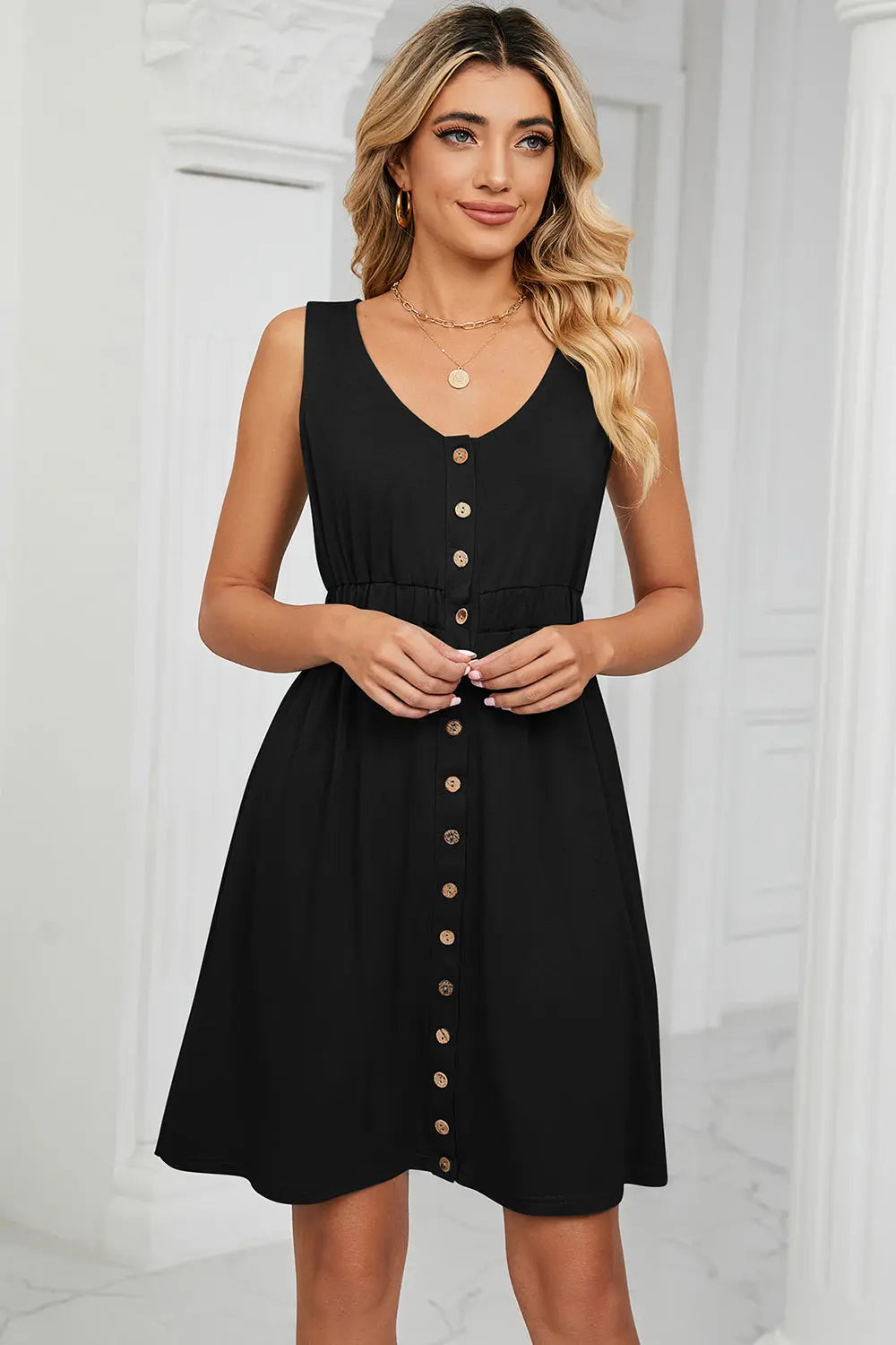 Buttoned Wide Strap Mini Dress - Scarlett's Riverside Boutique