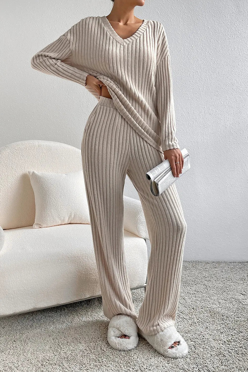 Khaki Ribbed Knit V Neck Slouchy Two-piece Outfit - Scarlett's Riverside Boutique