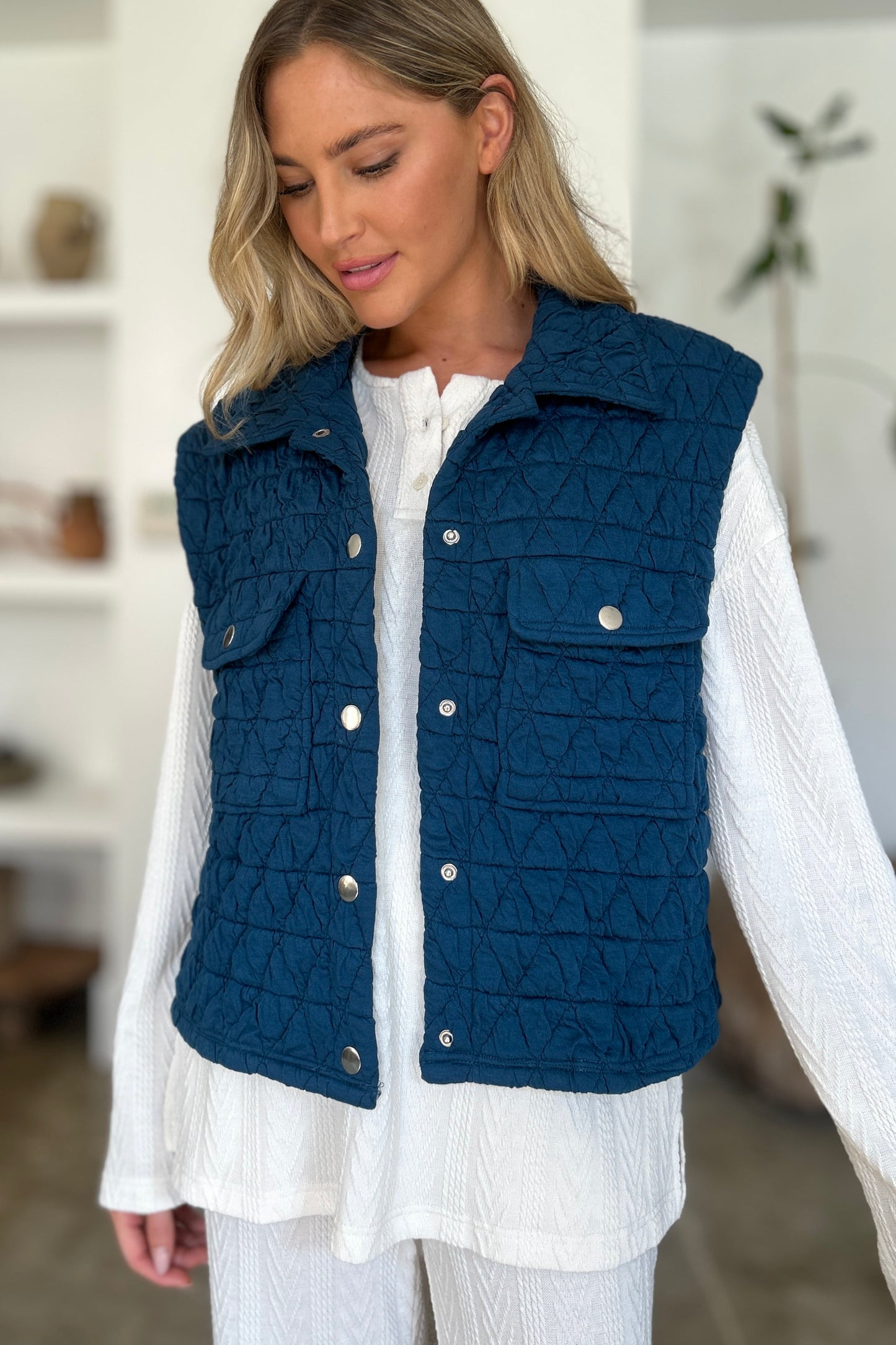 Double Take Full Size Pocketed Texture Snap Down Vest Coat - Scarlett's Riverside Boutique