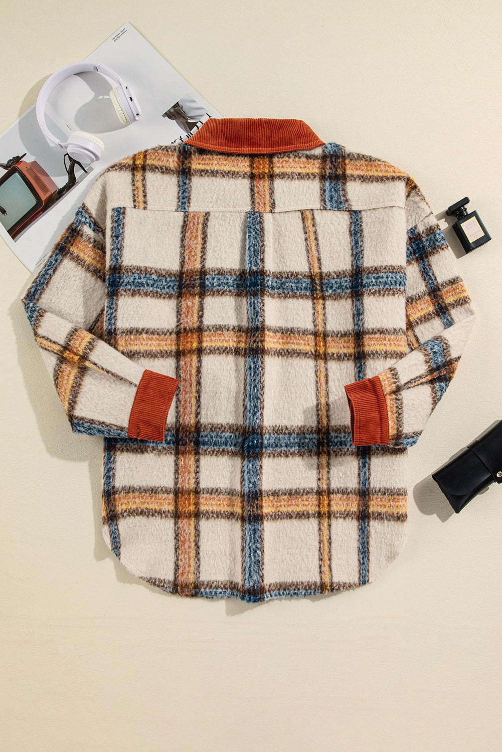 Brown Stripe Plus Size Plaid Print Collared Buttoned Jacket - Scarlett's Riverside Boutique