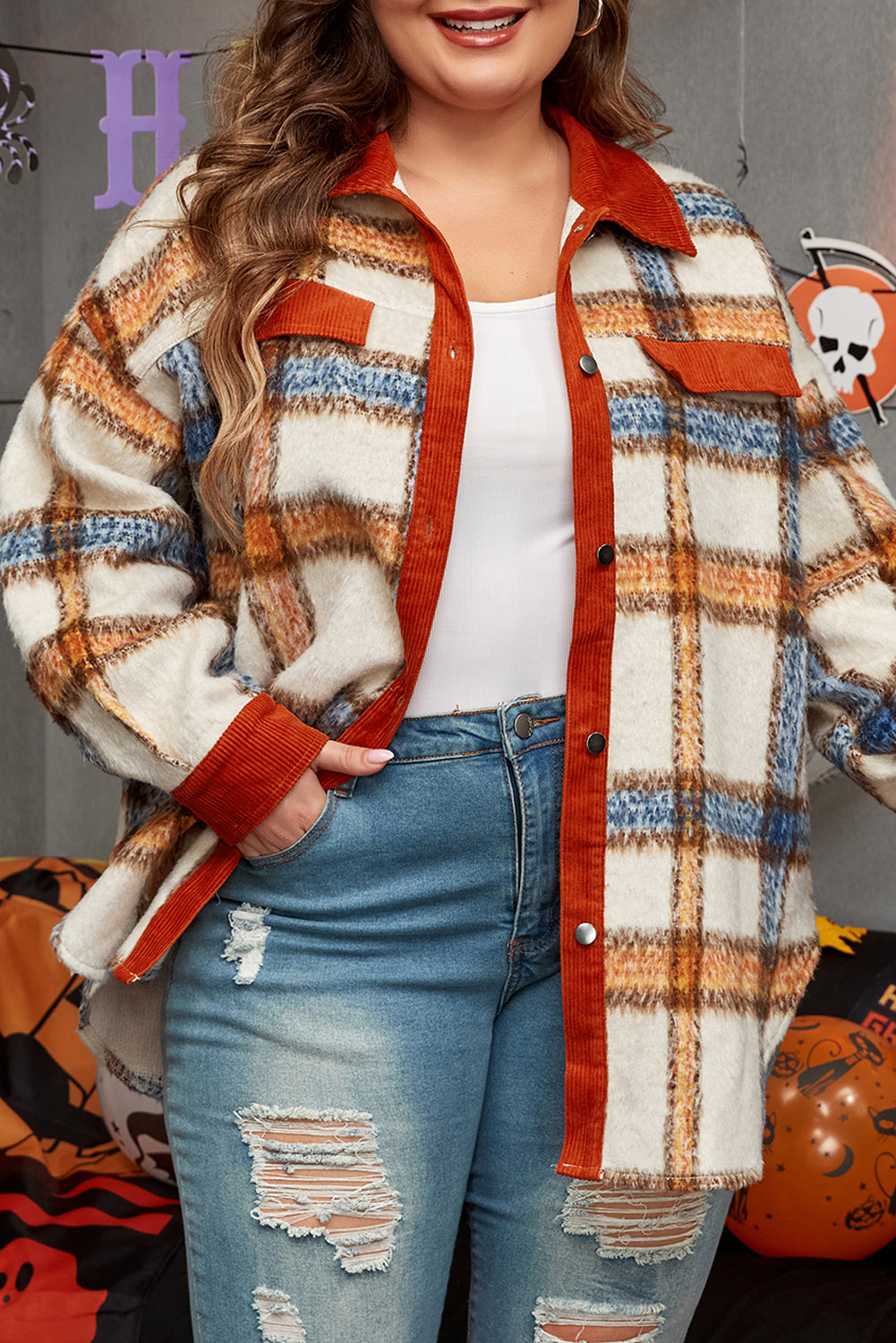 Brown Stripe Plus Size Plaid Print Collared Buttoned Jacket - Scarlett's Riverside Boutique